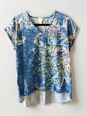 Chicos Top Tunic Blue Ikat  Crochet raw hi Lo Hem Size 2 (large)